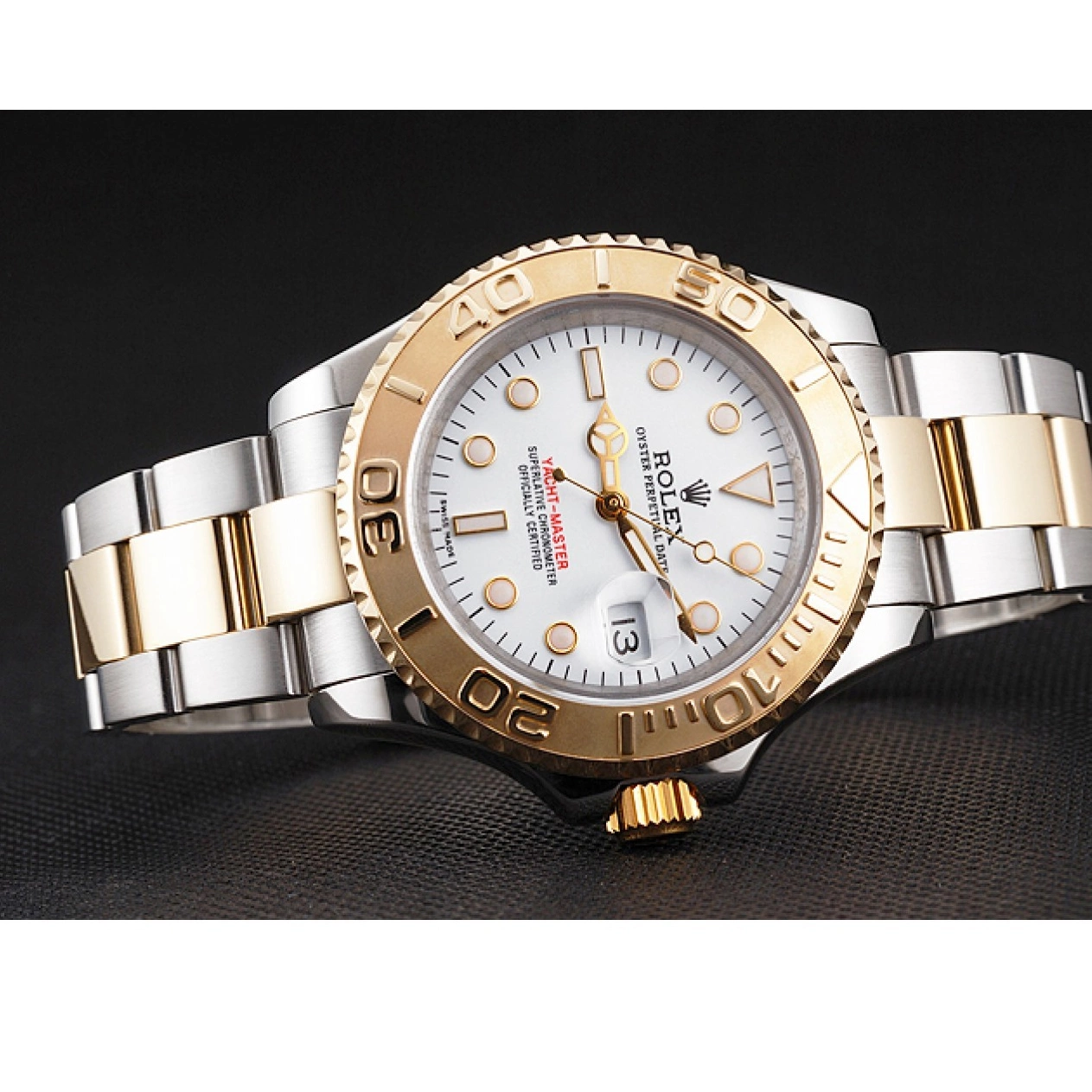 Aaa replica watch Two Swiss Tone Bracelet White Dial Bezel Case Yacht-Master Gold Rolex Steel Stainless 0825